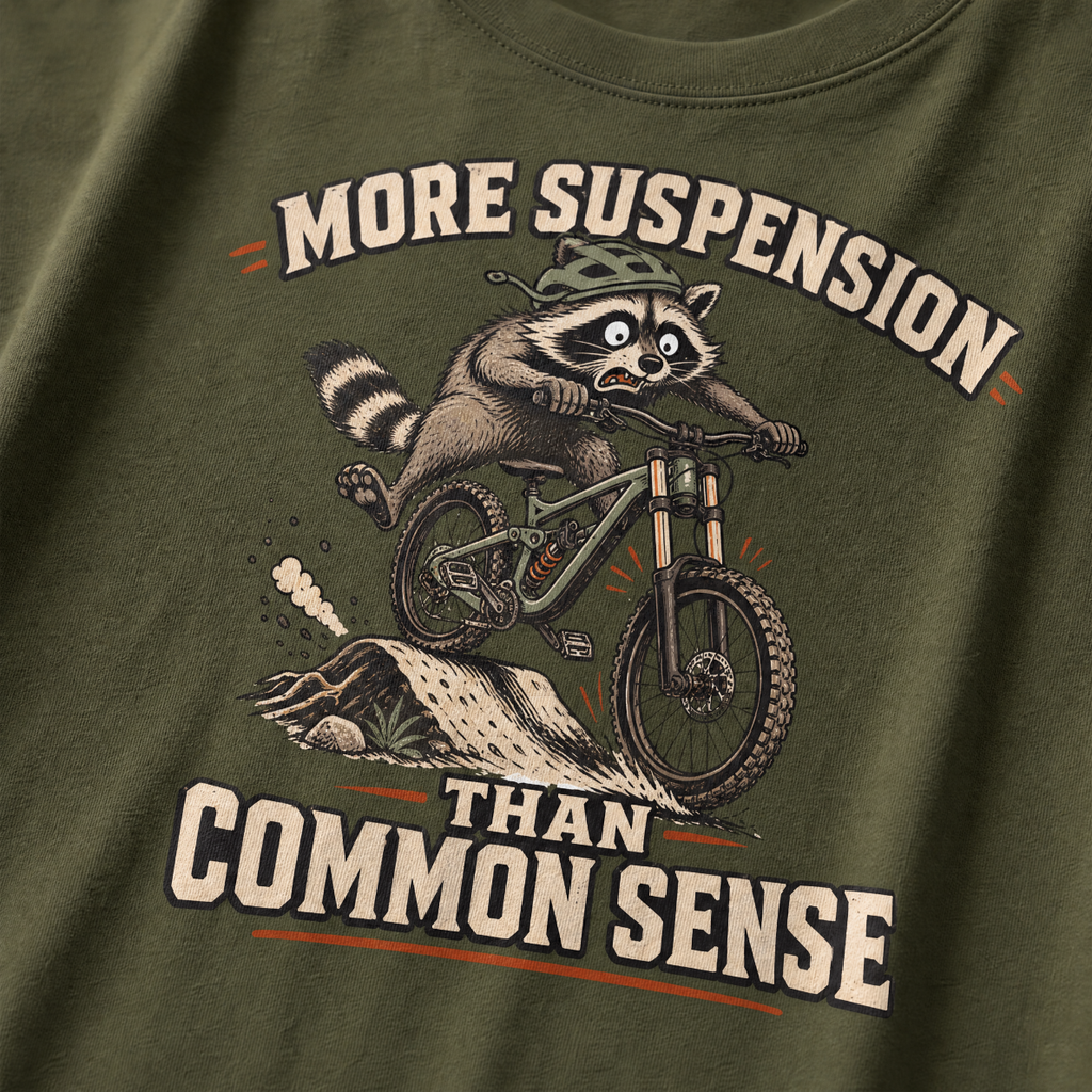 Hemp green t-shirt with a raccoon riding a bike graphic and text 'More suspension than common sense'.