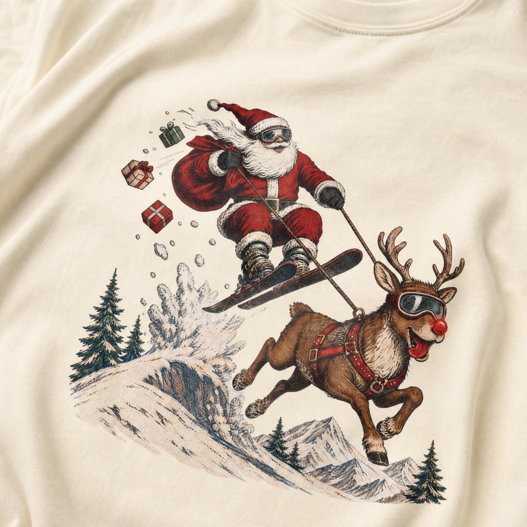 Skiing Santa Claus with a reindeer on an ivory white shirt