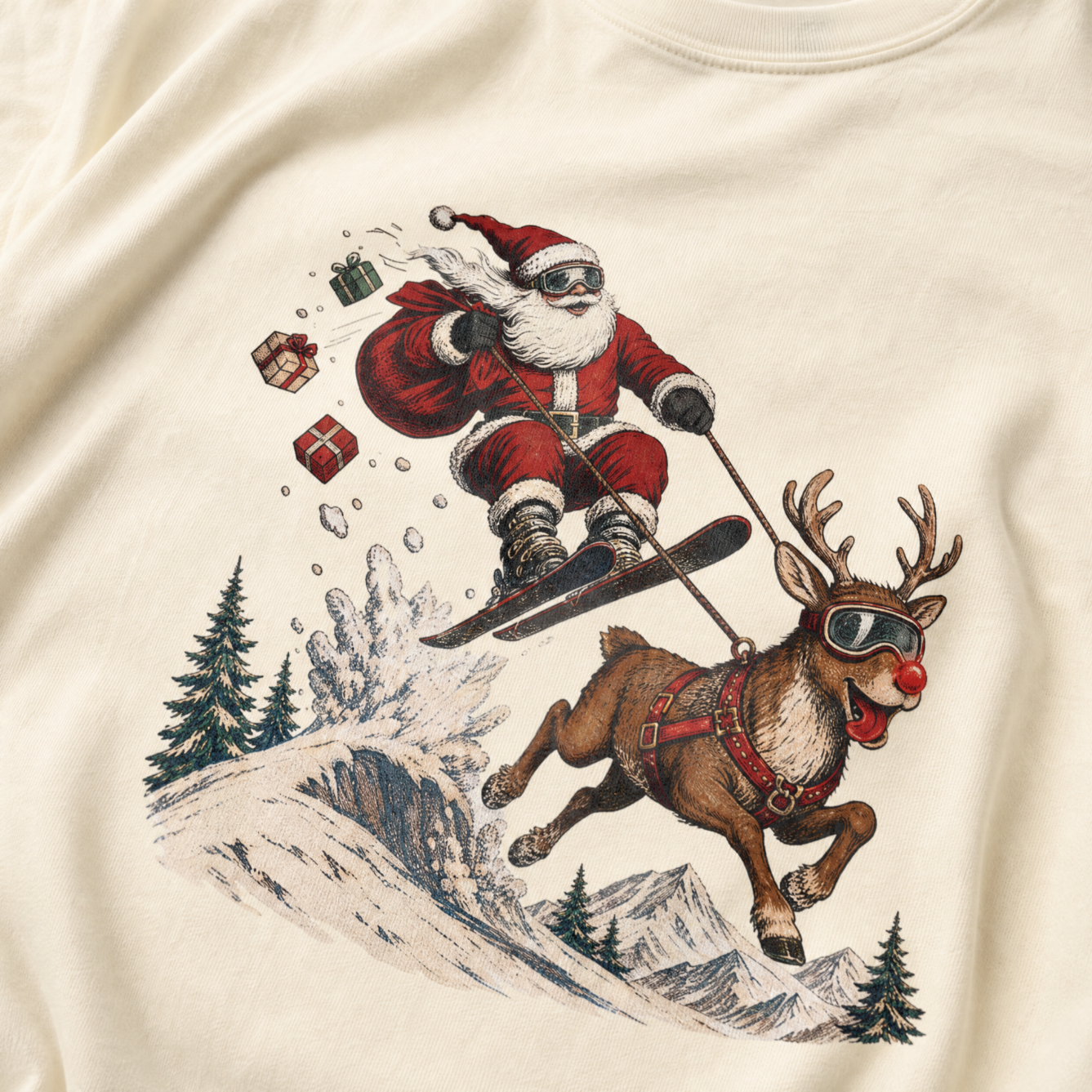 Skiing Santa Claus with a reindeer on an ivory white shirt