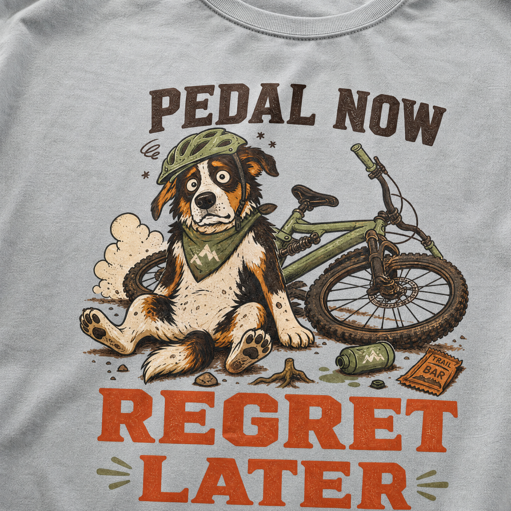 Granite gray t-shirt with a dog and bicycle graphic and text 'Pedal Now Regret Later' on a plain background.