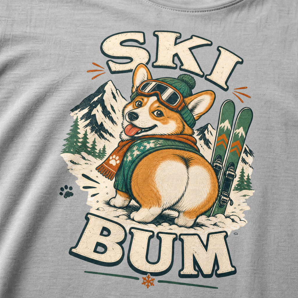 Granite gray t-shirt with a corgi graphic and 'Ski Bum' text on a mountainous background.