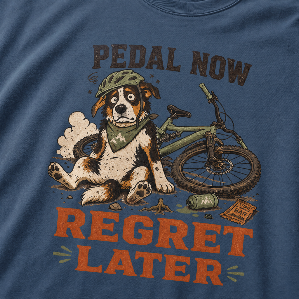 Midnight blue t-shirt with a dog and bicycle graphic and text 'Pedal Now Regret Later' on a blue background.