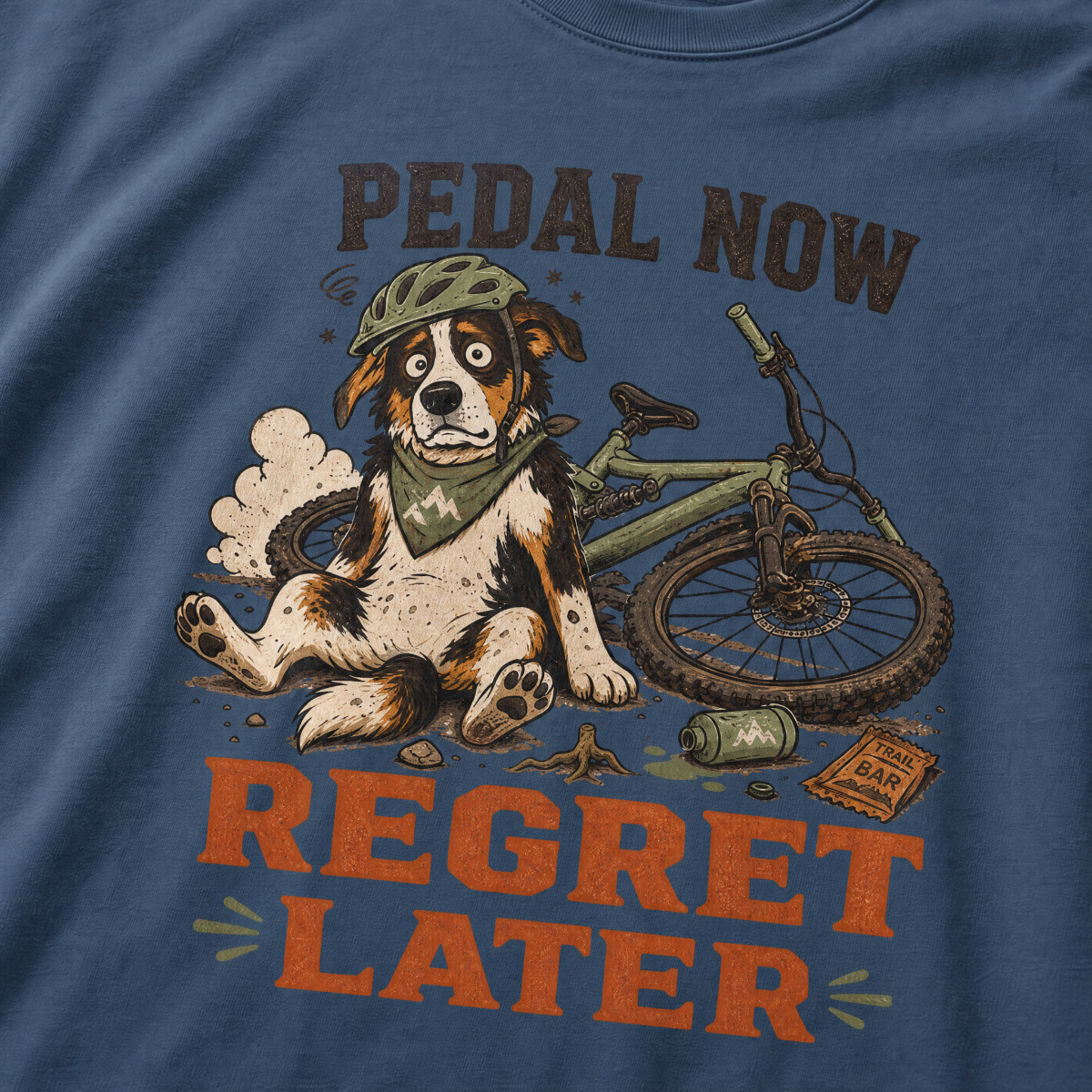 Midnight blue t-shirt with a dog and bicycle graphic and text 'Pedal Now Regret Later' on a blue background.