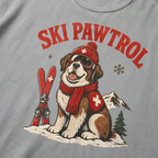 Granite gray t-shirt with a dog illustration wearing skis and goggles, text 'SKI PAWTROL', and mountain and tree designs.