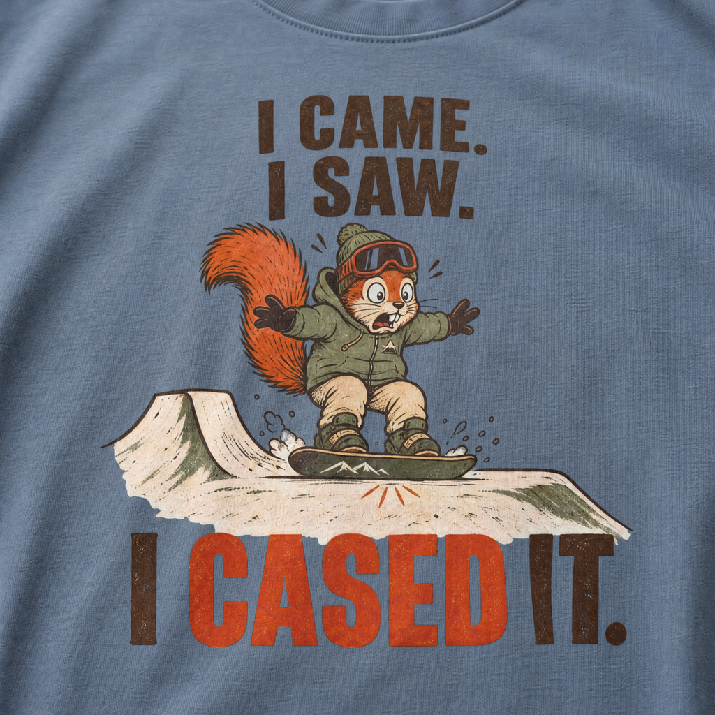 Blue jean colored t-shirt of a squirrel snowboarding with text, "I CAME. I SAW. I CASED IT"