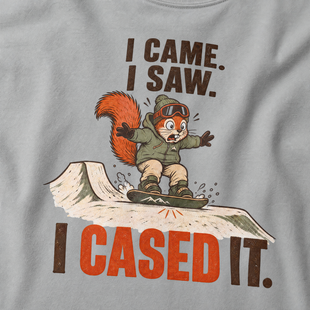 Granite gray t-shirt of a squirrel snowboarding with text, "I CAME. I SAW. I CASED IT"
