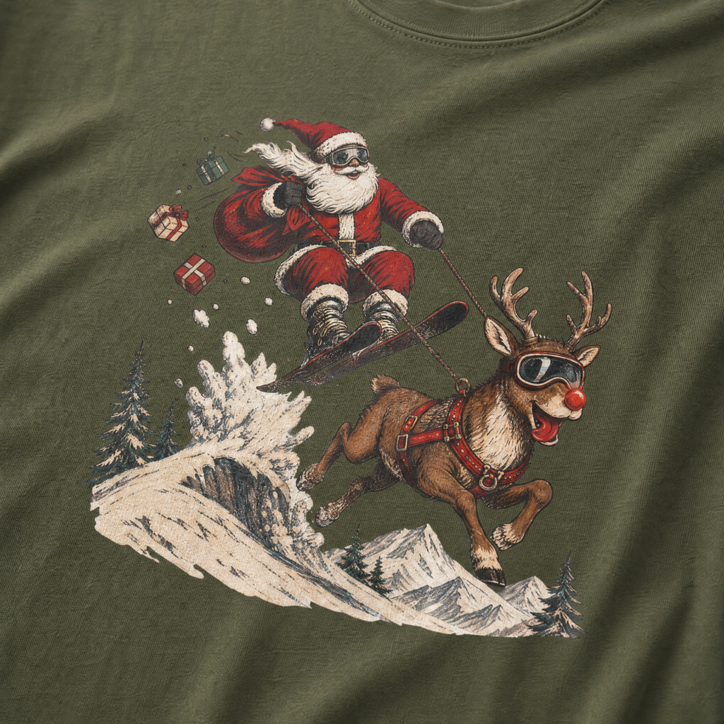 Hemp green t-shirt with Santa Claus and reindeer graphic on a mountainous landscape