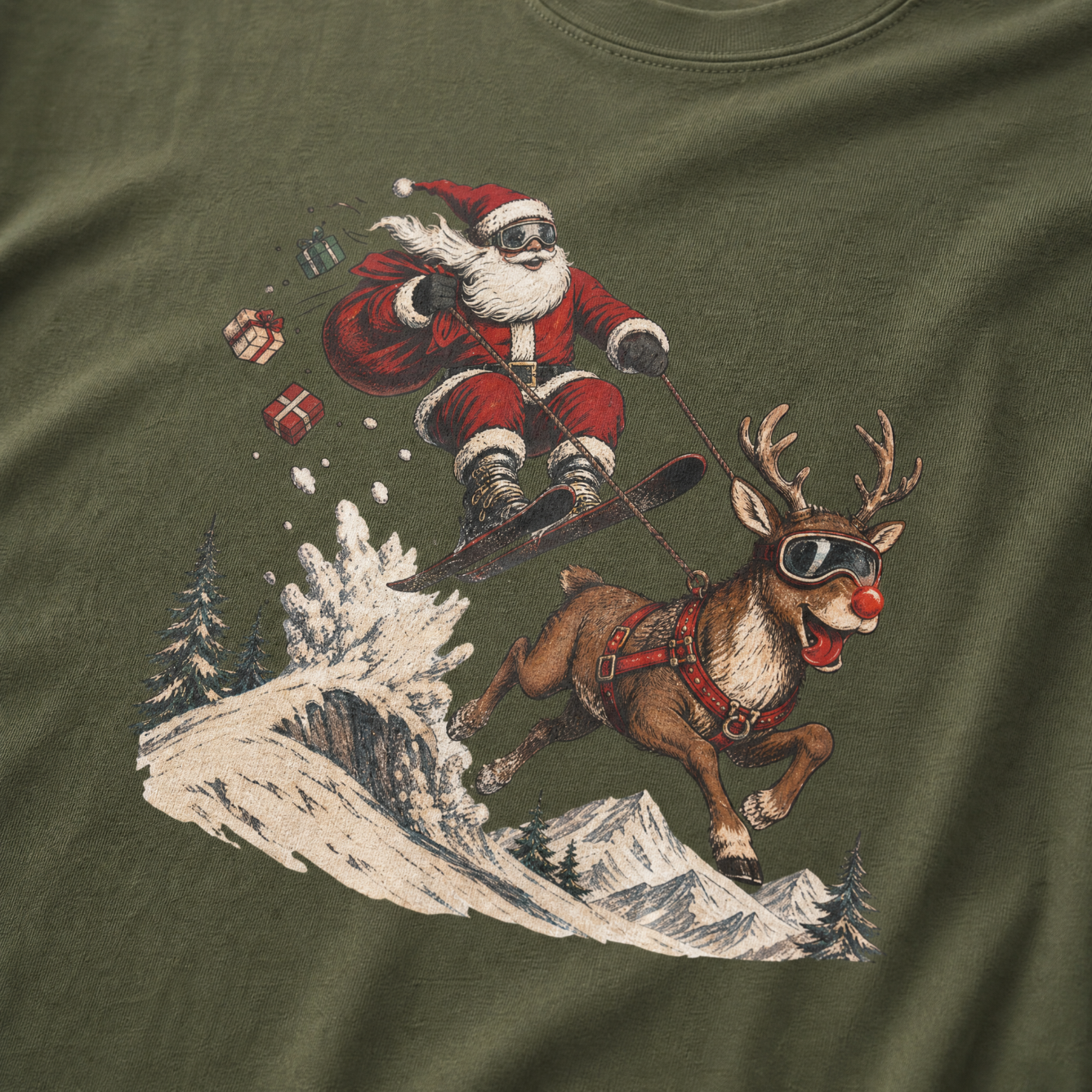 Hemp green t-shirt with Santa Claus and reindeer graphic on a mountainous landscape