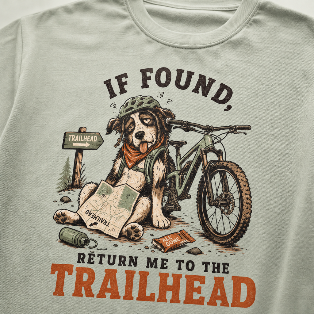 Bay green t-shirt with a dog and bicycle graphic and text 'If found, return me to the trailhead'.