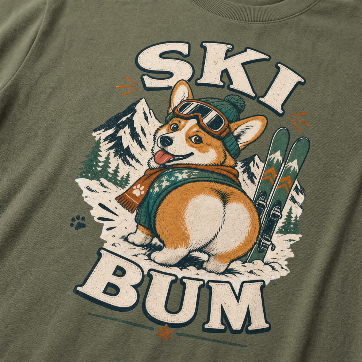 T-shirt with a corgi graphic and 'Ski Bum' text on a moss green background