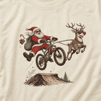 T-shirt with a graphic of Santa Claus riding a bike with a reindeer.