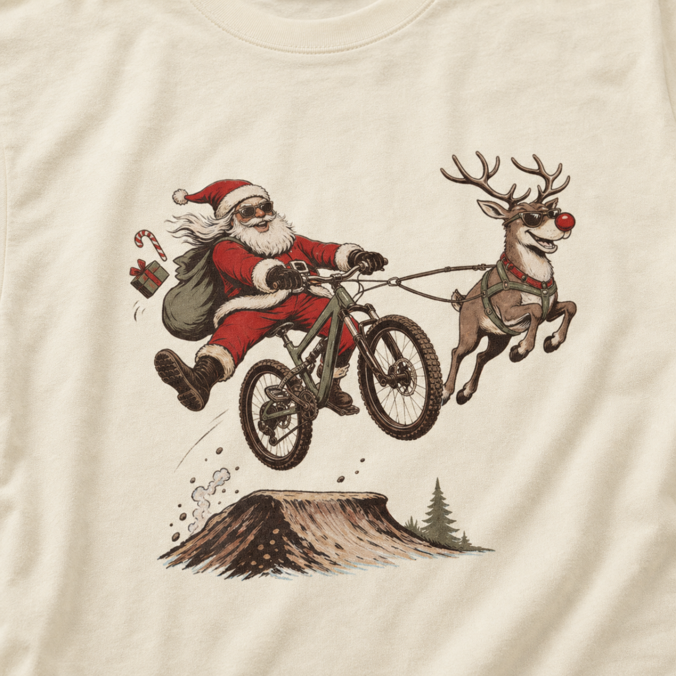 T-shirt with a graphic of Santa Claus riding a bike with a reindeer.