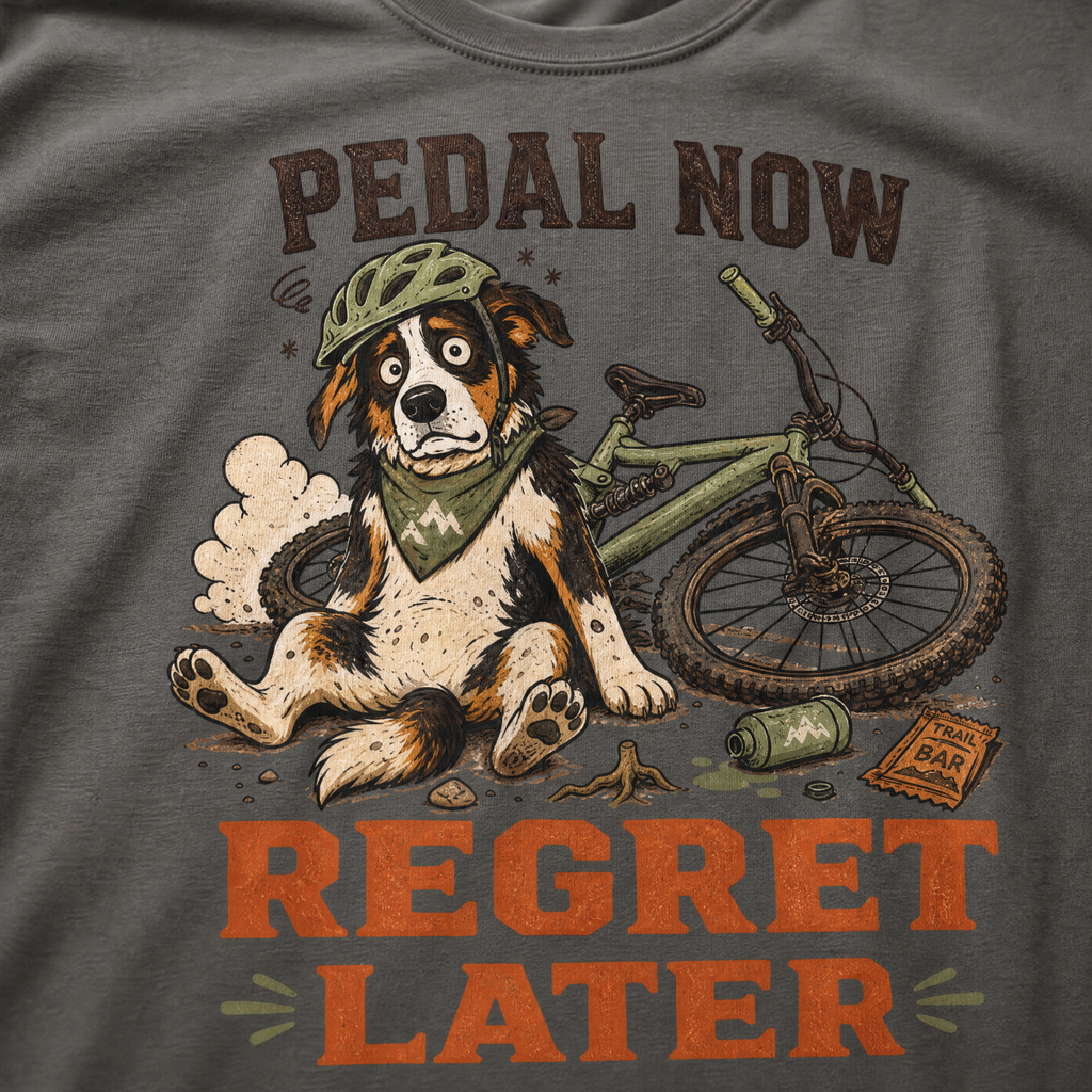 T-shirt with a dog and bicycle graphic and text 'Pedal Now Regret Later' on a pepper gray background