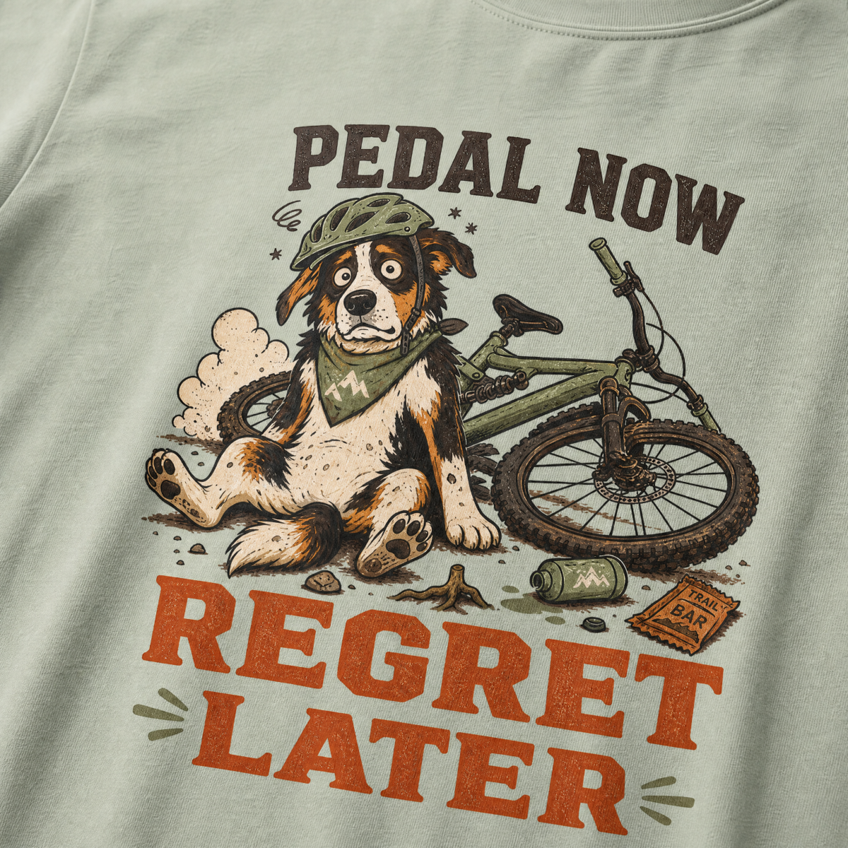 T-shirt with a dog and bicycle graphic and text 'Pedal Now Regret Later' on a bay green background.