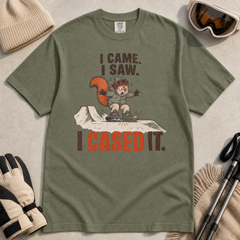 Moss green t-shirt of a squirrel snowboarding with text, "I CAME. I SAW. I CASED IT"