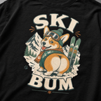 Black t-shirt with a corgi graphic and 'Ski Bum' text on a dark background