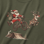 Hemp green t-shirt with a graphic of Santa Claus riding a bike with a reindeer.