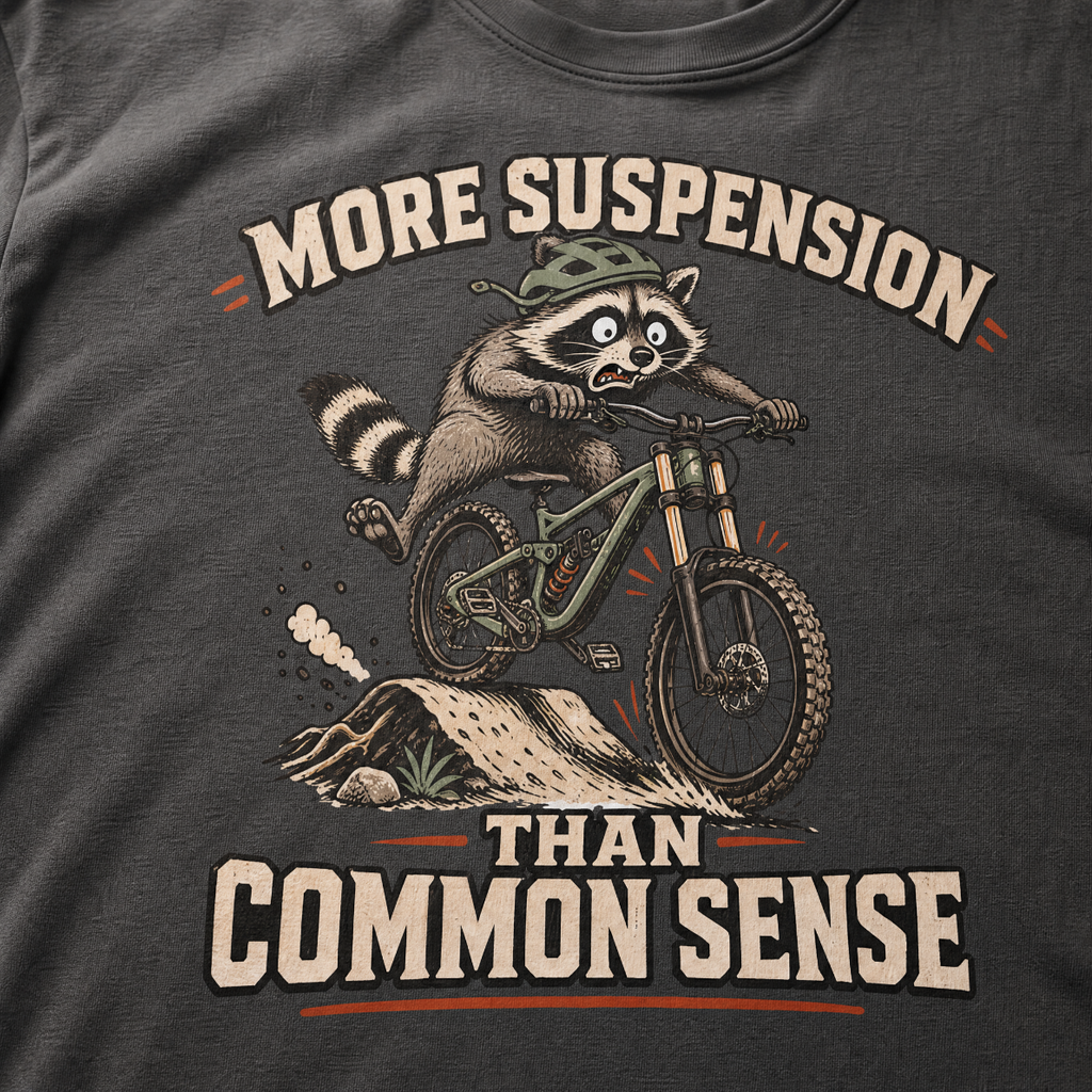 Pepper gray t-shirt with a raccoon riding a bike graphic and text 'More suspension than common sense'.