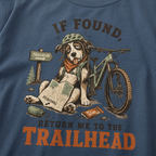 Midnight blue t-shirt with a dog illustration and 'If found, return me to the trailhead' text.