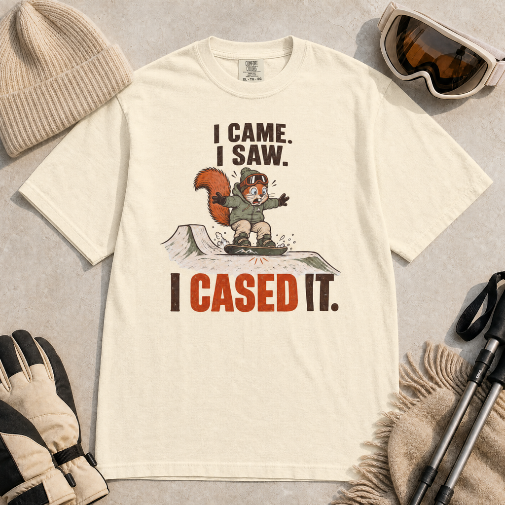 Ivory white t-shirt of a squirrel snowboarding with text, "I CAME. I SAW. I CASED IT"