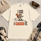 Ivory white t-shirt of a squirrel snowboarding with text, "I CAME. I SAW. I CASED IT"