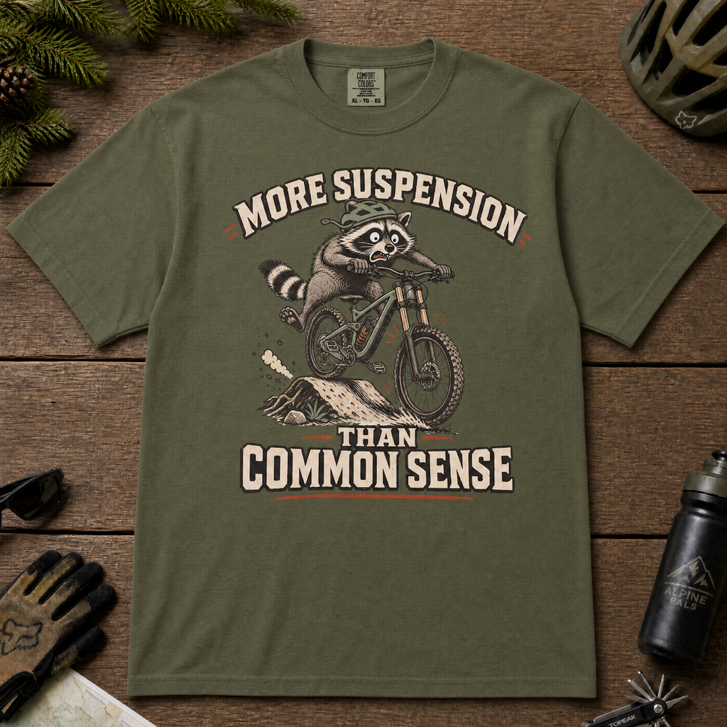 Hemp green t-shirt with a raccoon riding a bike graphic and text 'More suspension than common sense'.