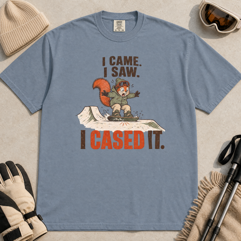Blue jean colored t-shirt of a squirrel snowboarding with text, "I CAME. I SAW. I CASED IT"