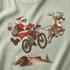 Santa Claus riding a bike with a reindeer on a bay green background