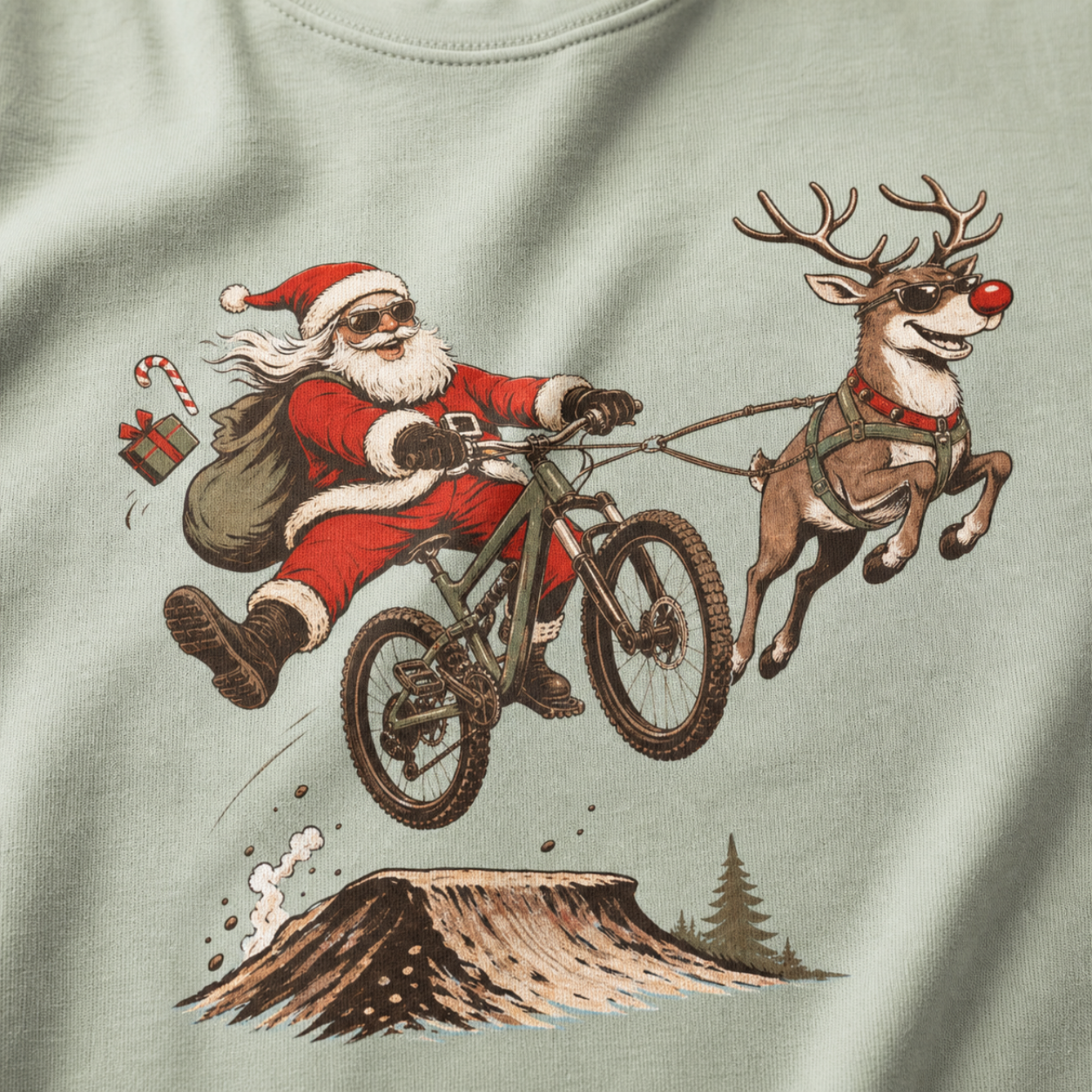 Santa Claus riding a bike with a reindeer on a bay green background