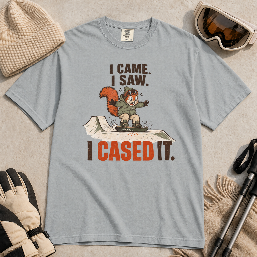 Granite gray t-shirt of a squirrel snowboarding with text, "I CAME. I SAW. I CASED IT"