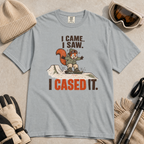 Granite gray t-shirt of a squirrel snowboarding with text, "I CAME. I SAW. I CASED IT"