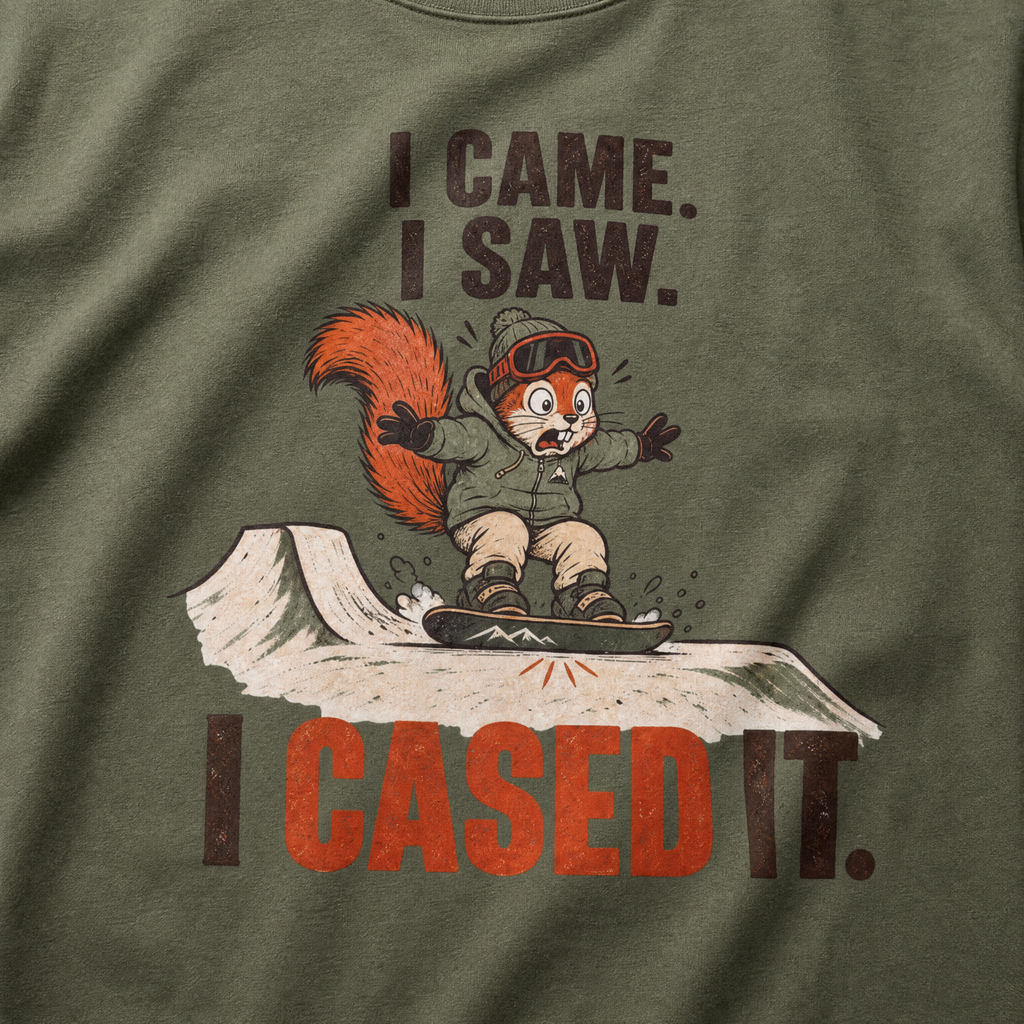 Moss green t-shirt of a squirrel snowboarding with text, "I CAME. I SAW. I CASED IT"