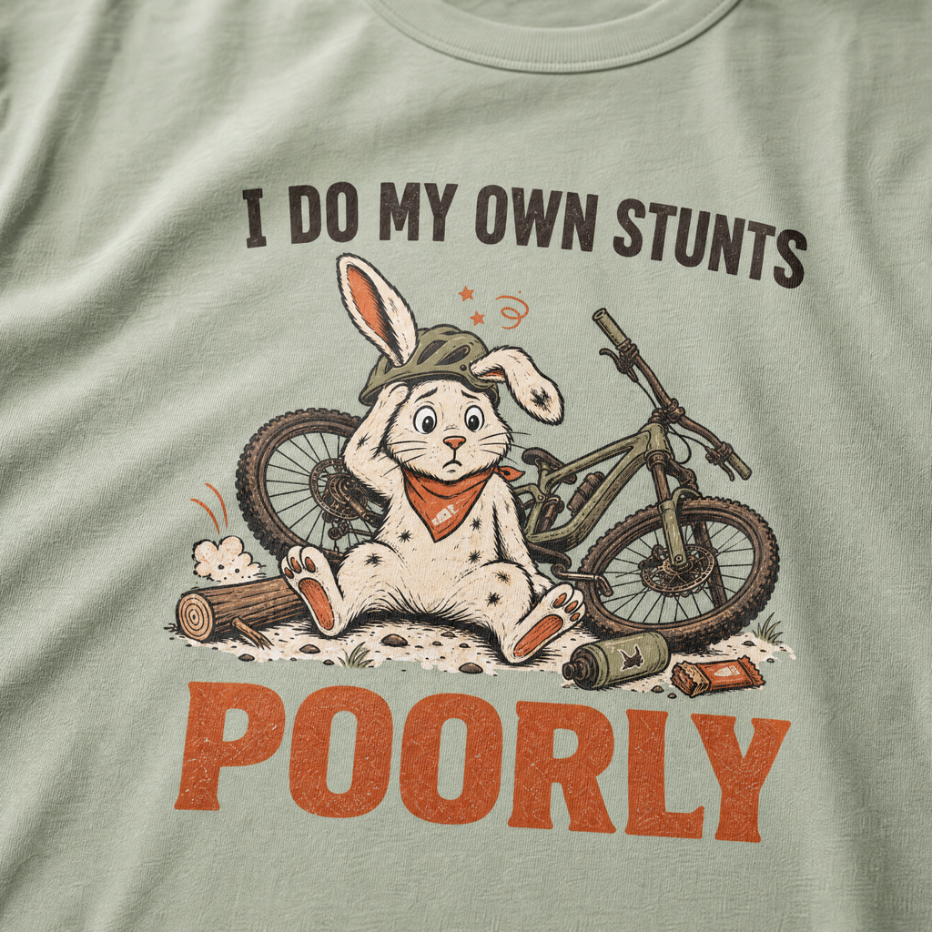 T-shirt with a cartoon rabbit and bicycle graphic and text 'I do my own stunts poorly' on a bay green background.