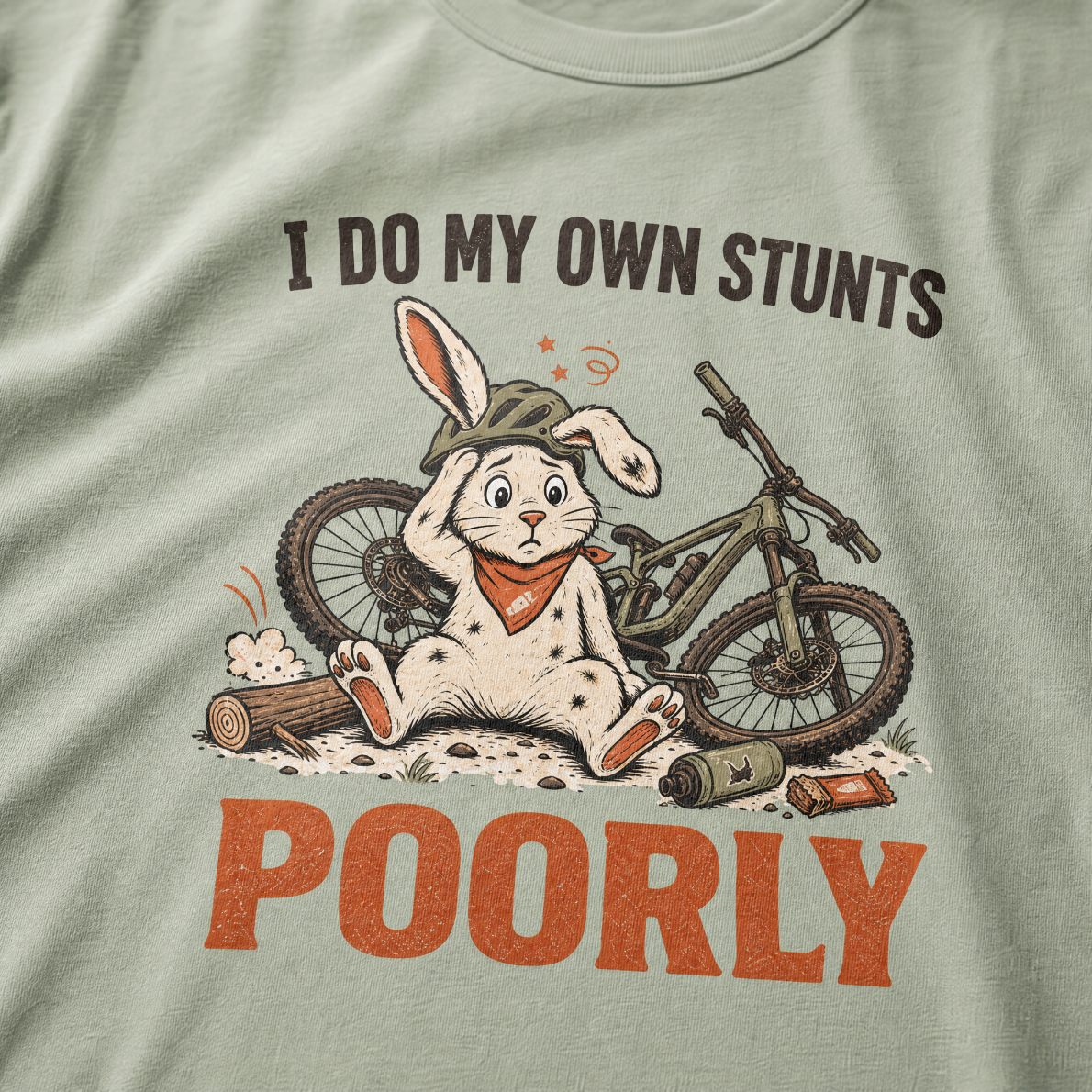T-shirt with a cartoon rabbit and bicycle graphic and text 'I do my own stunts poorly' on a bay green background.