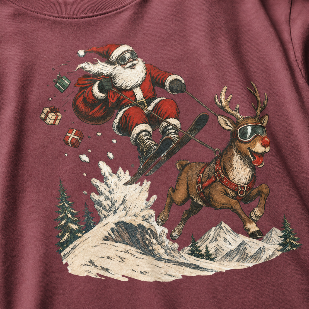 T-shirt with a graphic of Santa Claus skiing with a reindeer on a brick red background