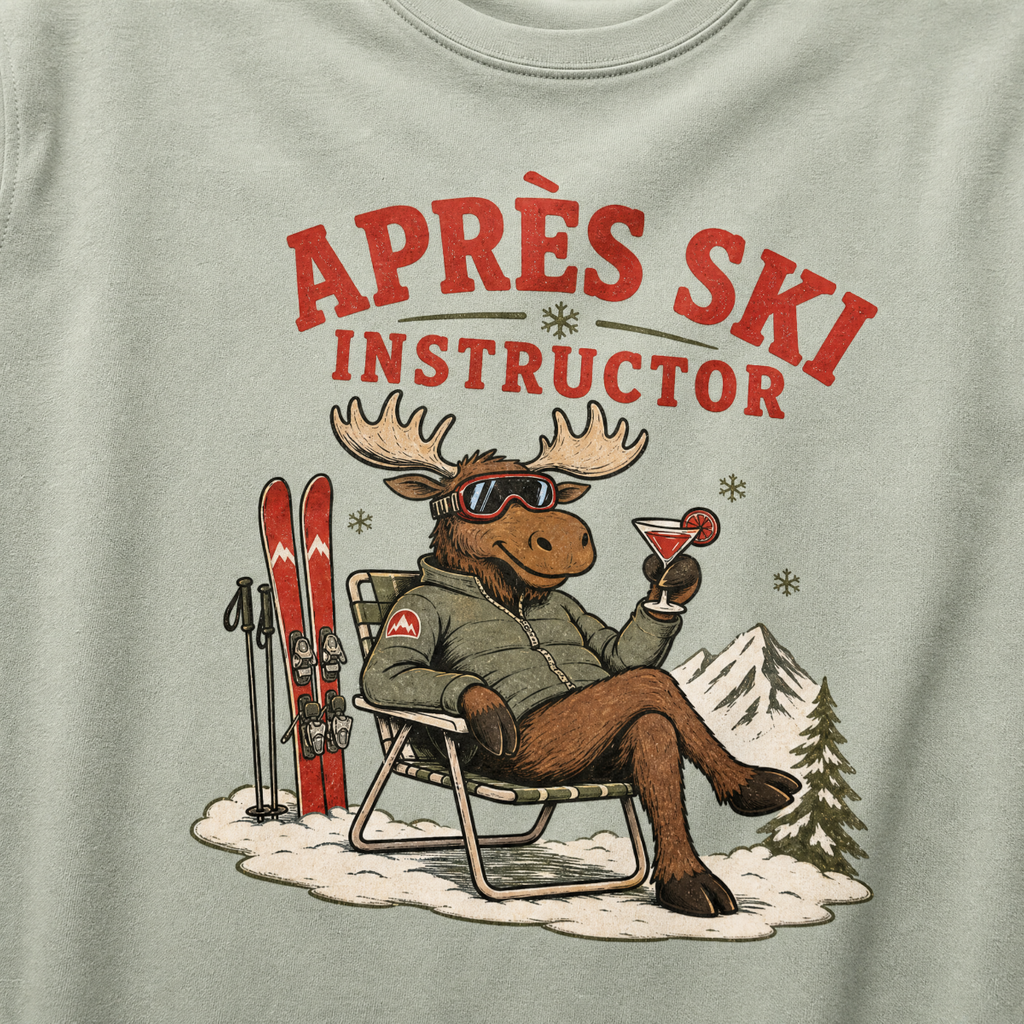 T-shirt with a moose graphic and 'Après Ski Instructor' text on a bay green background