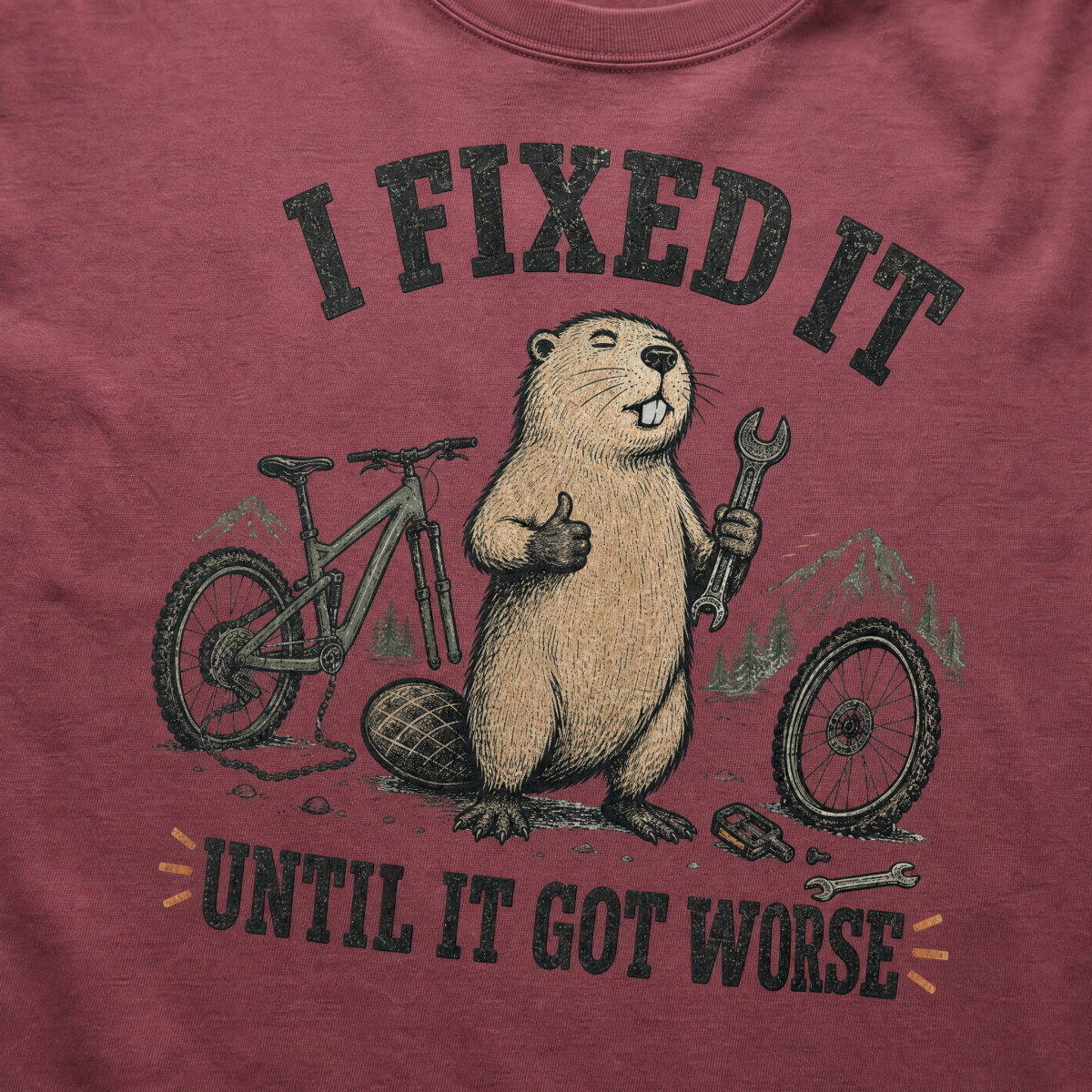 T-shirt with a beaver and bicycle graphic and text on a brick red background