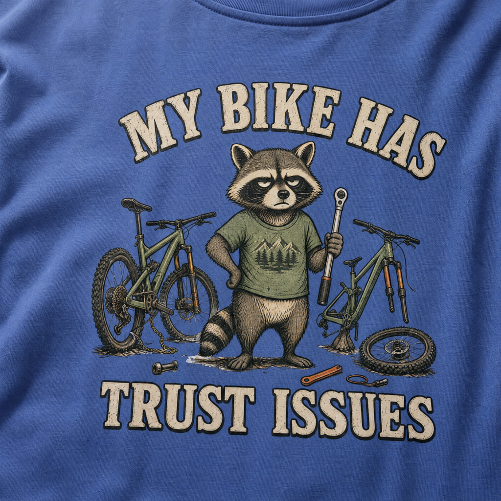 Mystic blue t-shirt with a raccoon graphic and text 'My bike has trust issues' on a blue background