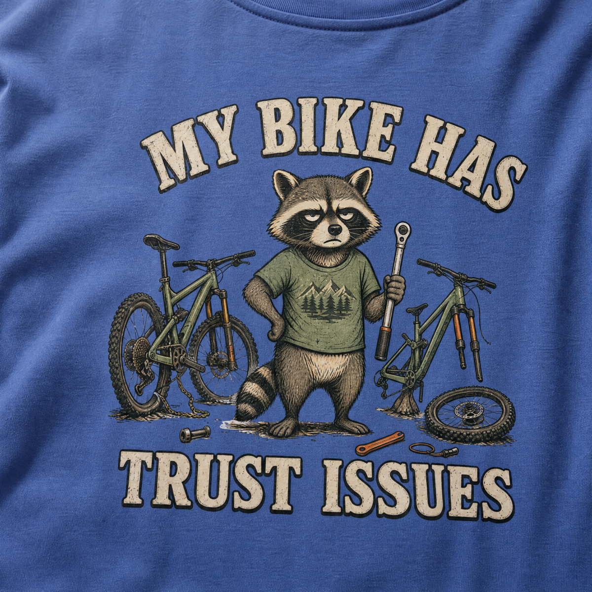 Mystic blue t-shirt with a raccoon graphic and text 'My bike has trust issues' on a blue background