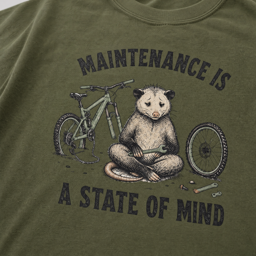 Hemp green t-shirt featuring a possum meditating while fixing a bike with text, "Maintenance is a State of Mind".