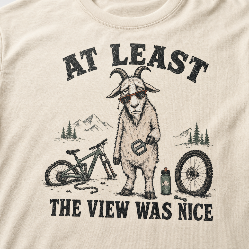 Ivory white t-shirt of a goat holding a bicycle pedal with a broken mountain bike surrounding it. Included text, "At Least the View Was Nice".