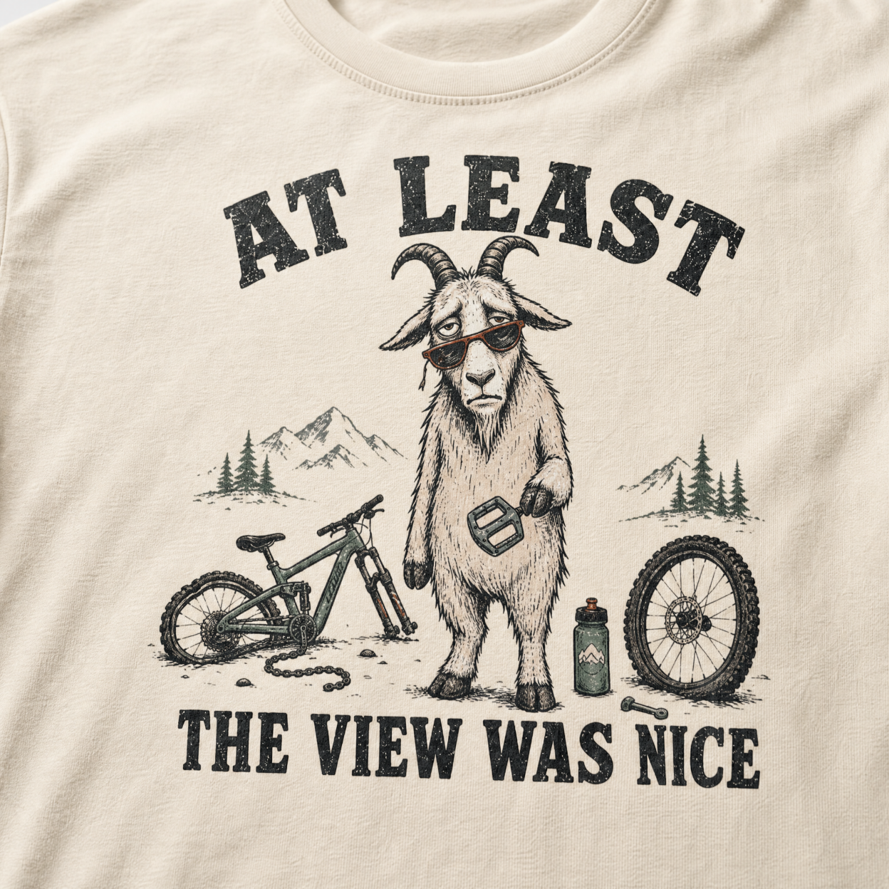 Ivory white t-shirt of a goat holding a bicycle pedal with a broken mountain bike surrounding it. Included text, "At Least the View Was Nice".