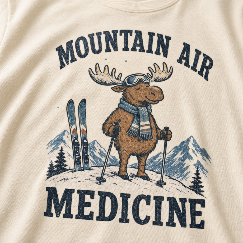 Close-up of an ivory white t-shirt with a retro ski design showing a calm moose with goggles, scarf, ski poles, and mountain scenery, with “Mountain Air Medicine” text.