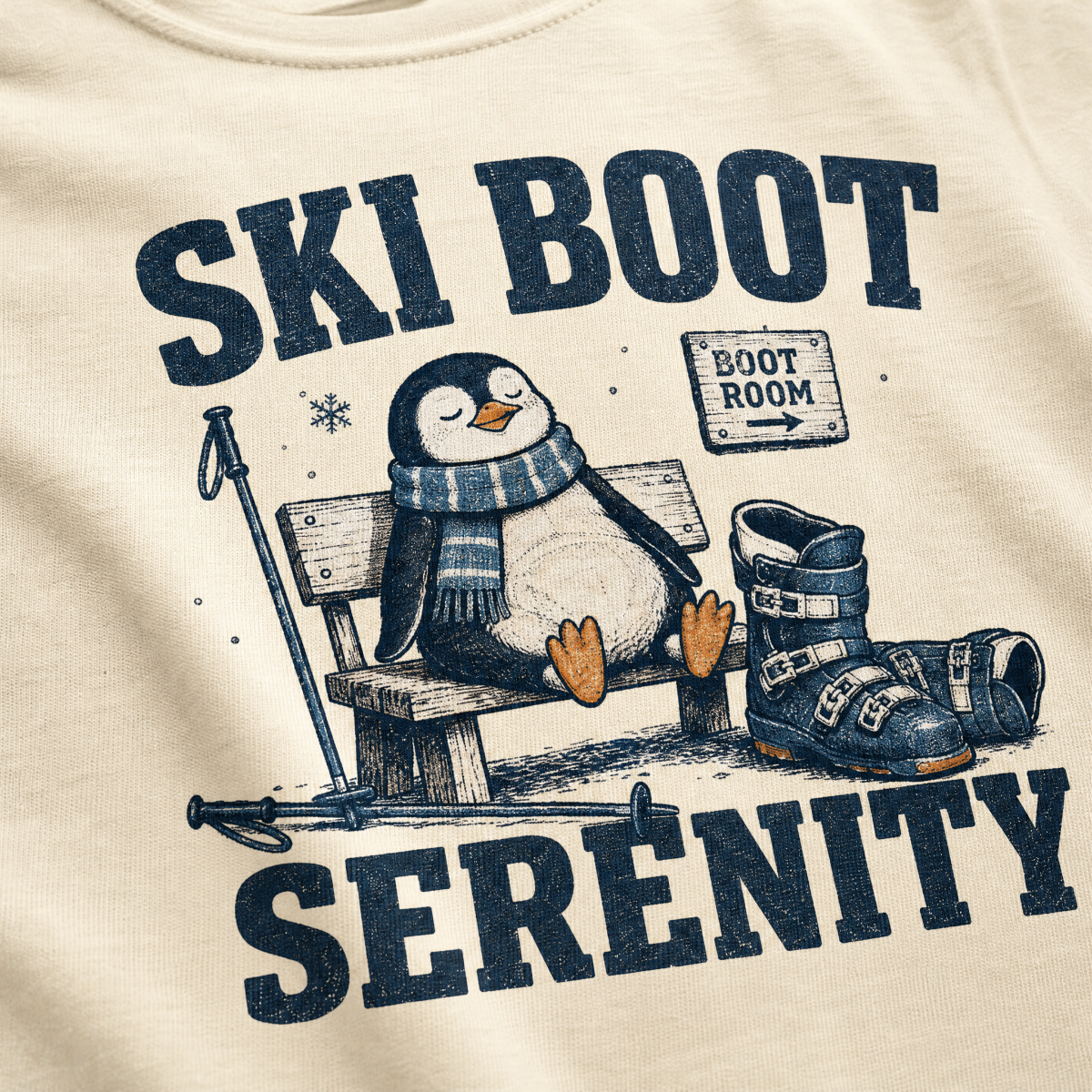 Close-up of an ivory white t-shirt with a vintage ski boot-room design showing a relaxed penguin on a bench beside ski boots, with “Ski Boot Serenity” text.