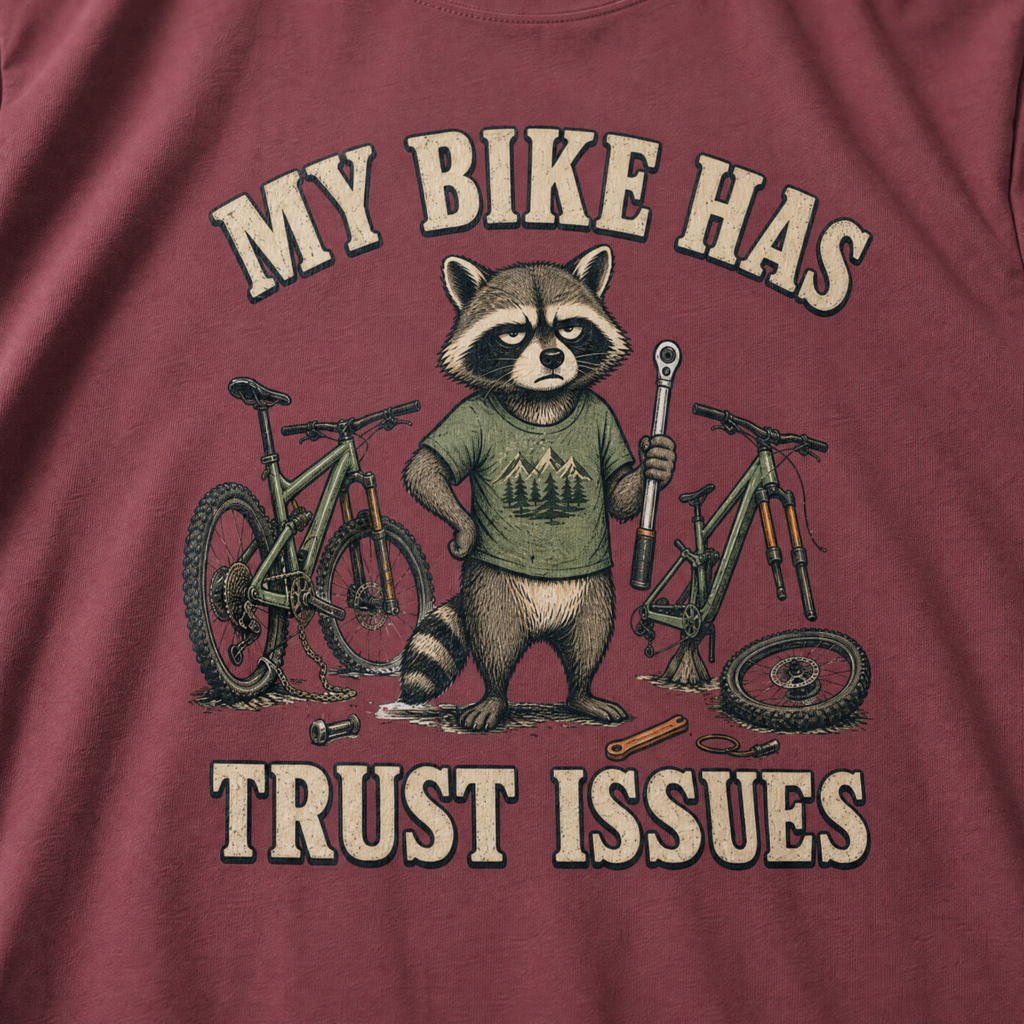 Brick red t-shirt with a raccoon graphic and text 'My bike has trust issues' on a plain background