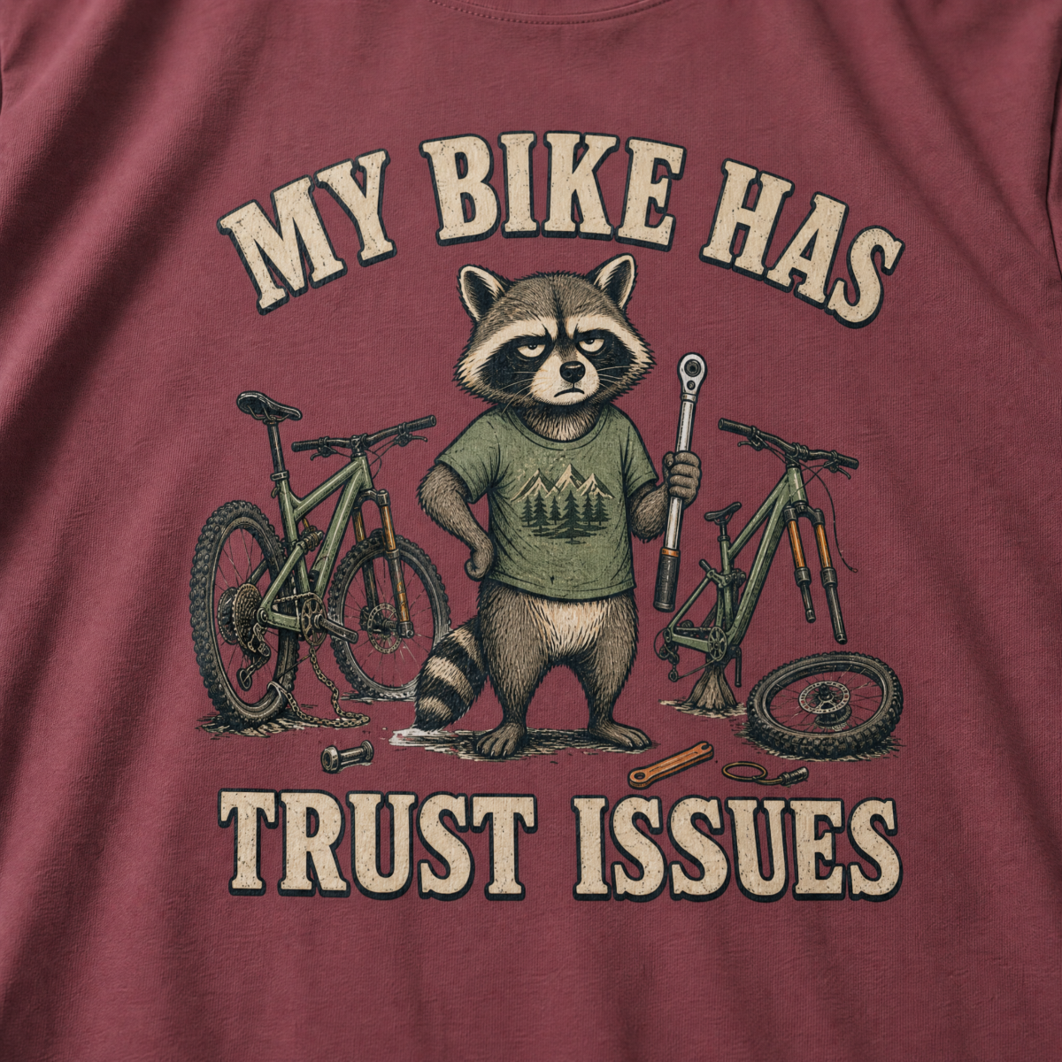 Brick red t-shirt with a raccoon graphic and text 'My bike has trust issues' on a plain background