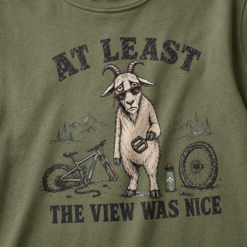 Moss green t-shirt of a goat holding a bicycle pedal with a broken mountain bike surrounding it. Included text, "At Least the View Was Nice".