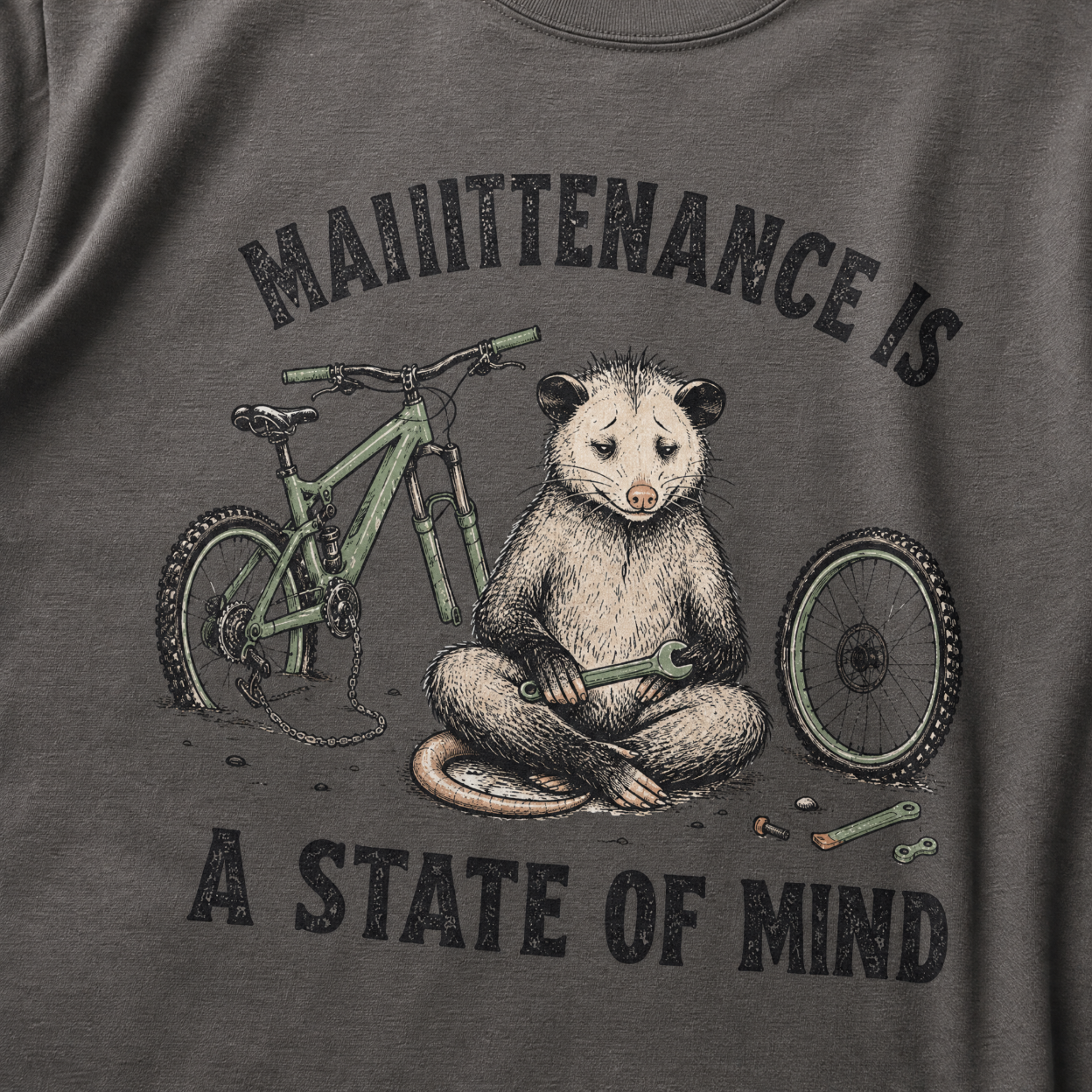 Pepper gray t-shirt featuring a possum meditating while fixing a bike with text, "Maintenance is a State of Mind".