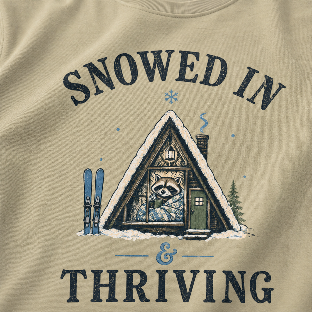 Close-up of a bay green t-shirt with a vintage ski cabin design showing a cozy raccoon wrapped in a blanket inside an A-frame cabin, with “Snowed In & Thriving” text.