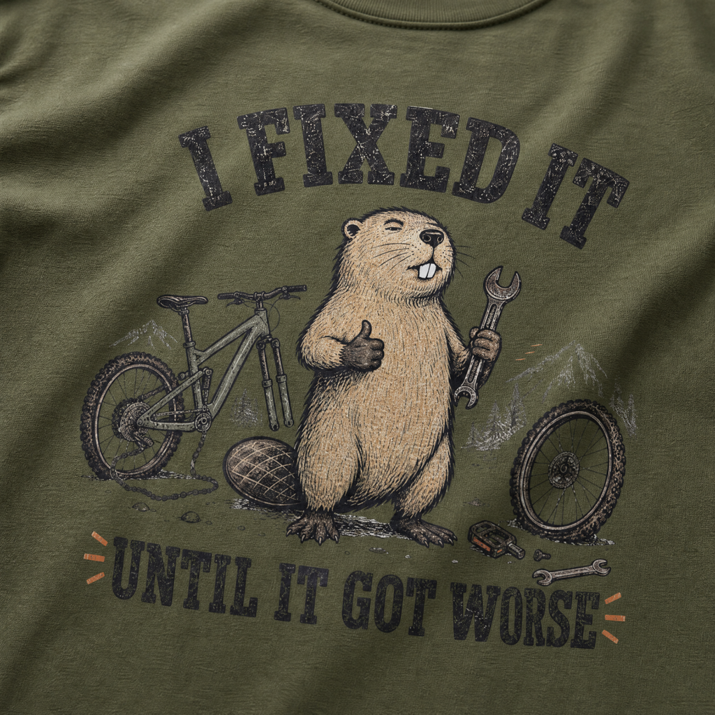 Hemp green t-shirt with a beaver holding a wrench and a bicycle, text 'I FIXED IT UNTIL IT GOT WORSE' on a green background.